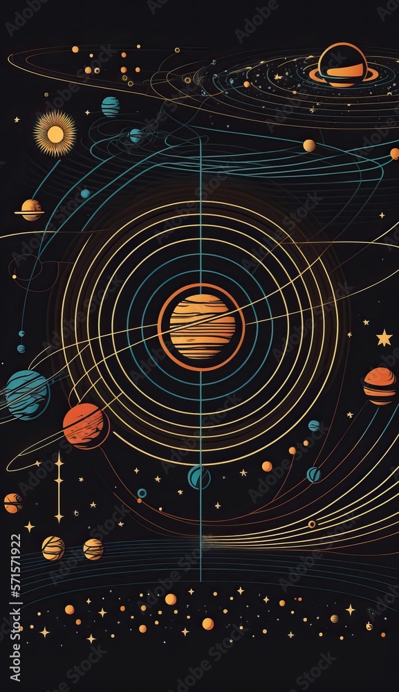 solar system golden lines retro illustration, linear style, dark background, 