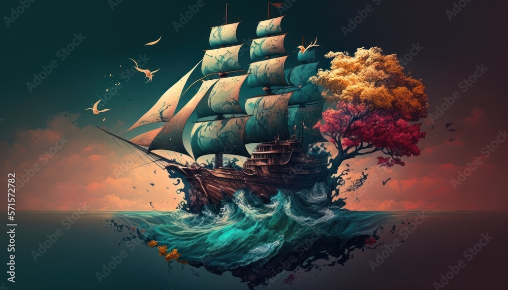 abstract ship wallpaper with waves and tree