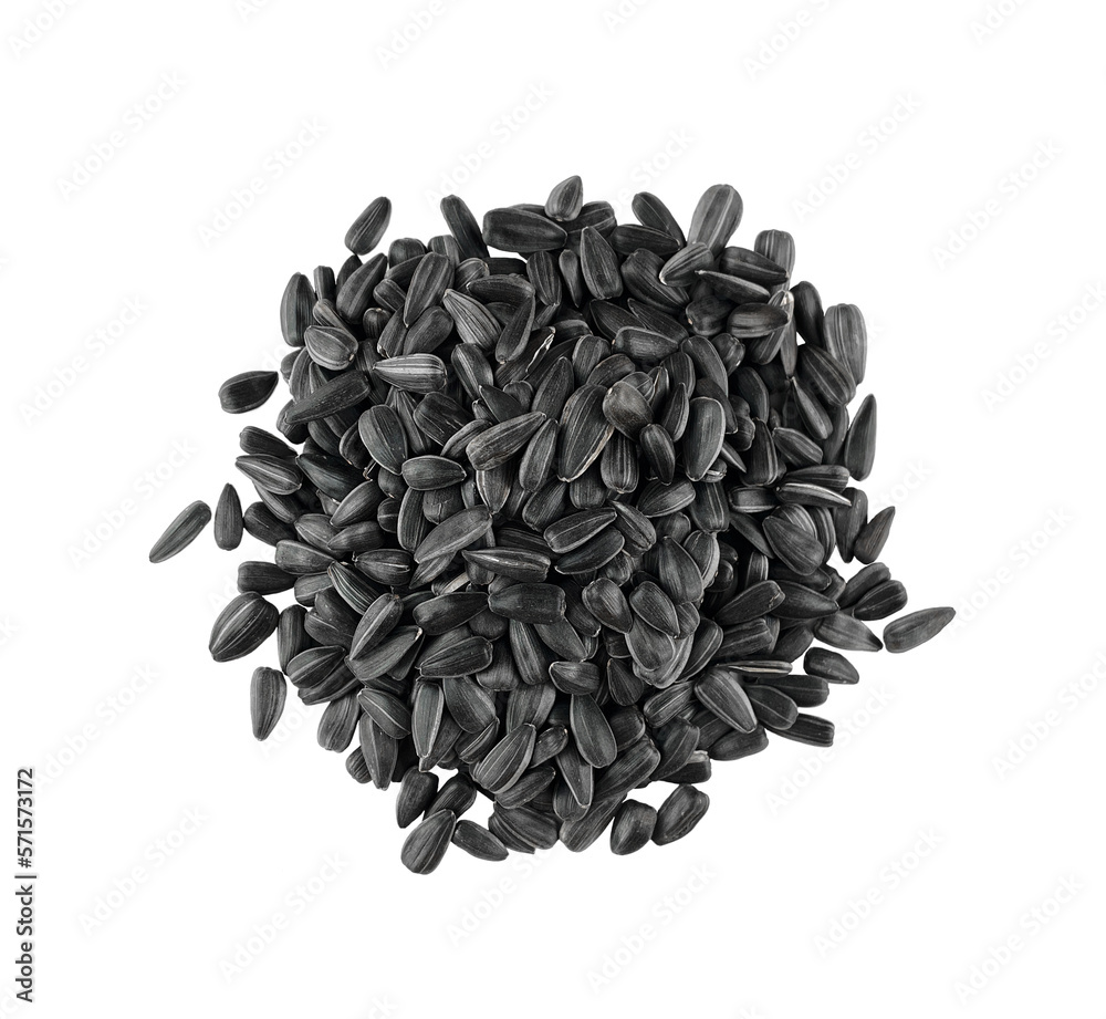 Handful of sunflower seeds isolated on white background. Copy space, top view. Handful of sunflower seeds isolated on white background. Copy space, top view.