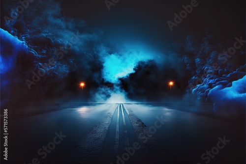 Dark street asphalt abstract dark blue background, empty dark scene, neon light, and spotlights with smoke float up the interior texture for display products