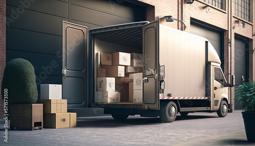 Delivery truck with cardboard boxes in a warehouse. Generative AI © LAYHONG