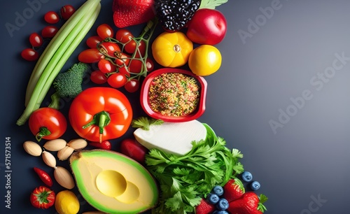 Healthy Food Selection with rich fiber sources vegan food for cooking like vegetables, fruits, seeds, super foods, etc. Top view copy space. Generative AI © dreambender
