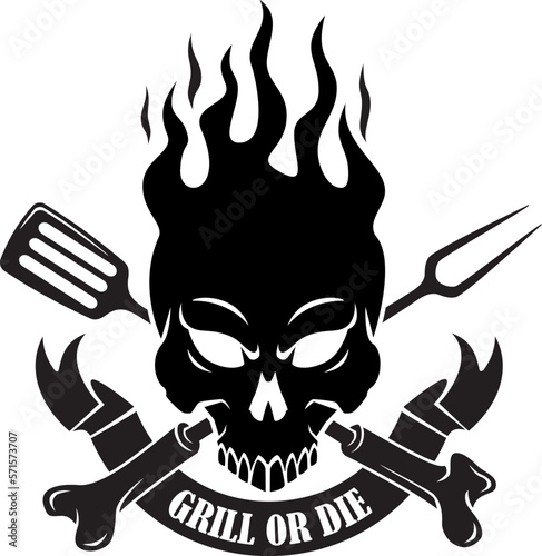 human skull in flames with crossed fork and spatula