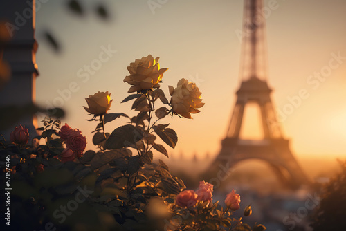 Blooming roses and Eiffel tower create a romantic scene in Paris. Based on Generative AI