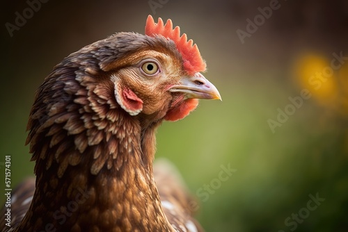 Beautiful close up of a hen grazing on a farm in Italy (selective focus). Hen in profile against a fuzzy background. Generative AI