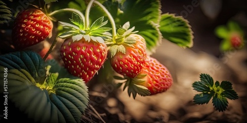 Ripe organic strawberry bush in the garden close up. Growing a crop of natural strawberries. Generative AI