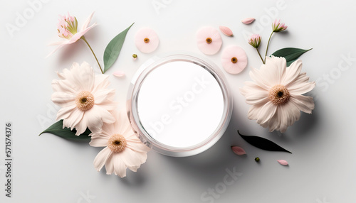 image of homemade cosmetics ingredients leaves and flowers around on a grey table background. Aroma theme. Organic cosmetics, spa concept. Empty space, flat lay, top view, generative ai