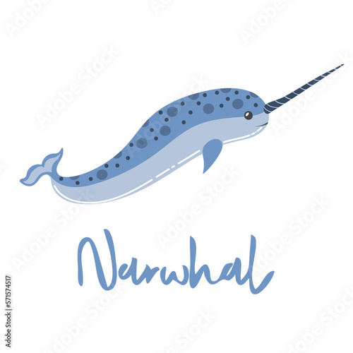 Funny narwhal cartoon. Marine dweller. Concept of sea and ocean life. Vector illustration