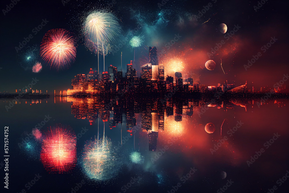 Obraz premium fireworks exploding over a city skyline with reflections in the water. Generative Ai