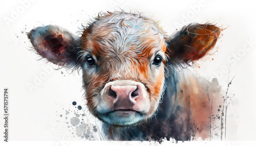 Cute cow look at us. Watercolor paint. Generative AI
