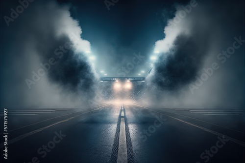Racing finish line on asphalt ground with dark blue shining spotlights above the mist, smoke floats up. illustration