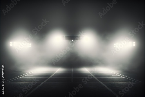 Sports stadium with a lights background, Textured soccer game field with spotlights fog midfield Concept of sport, competition, winning, action, empty area for championships, studio room, night view