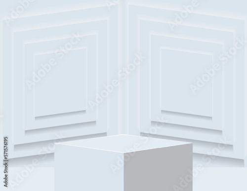 3D podium for product display and the background scene, minimalist style, white and gray tones, square display stand, studio for product presentation.