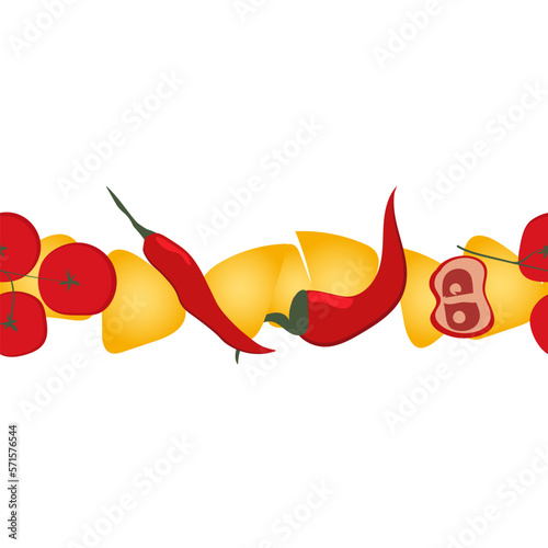 Seamless border with nacho, chili, tomato on white background. Vector template. Vector flat design. Lunch serving, menu.