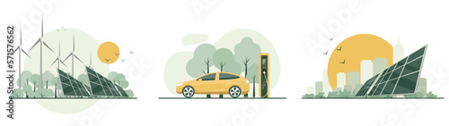 Clean energy of set. Electric car with charging station. Wind and solar generation. The concept of alternative electricity production.