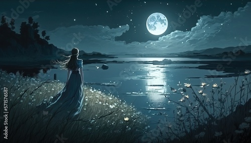 Moonlit Lake and lonely girl. digital art. illustrated painting. Generative AI.