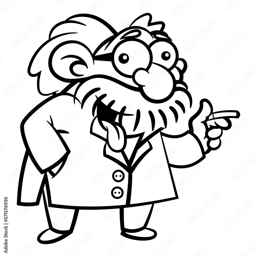 Cartoon illustration of Old professor wearing laboratory coat and smoking cigarette. Best for outline, logo, and coloring book with university themes Cartoon illustration of Old professor wearing laboratory coat and smoking cigarette. Best for outline, logo, and coloring book with university themes