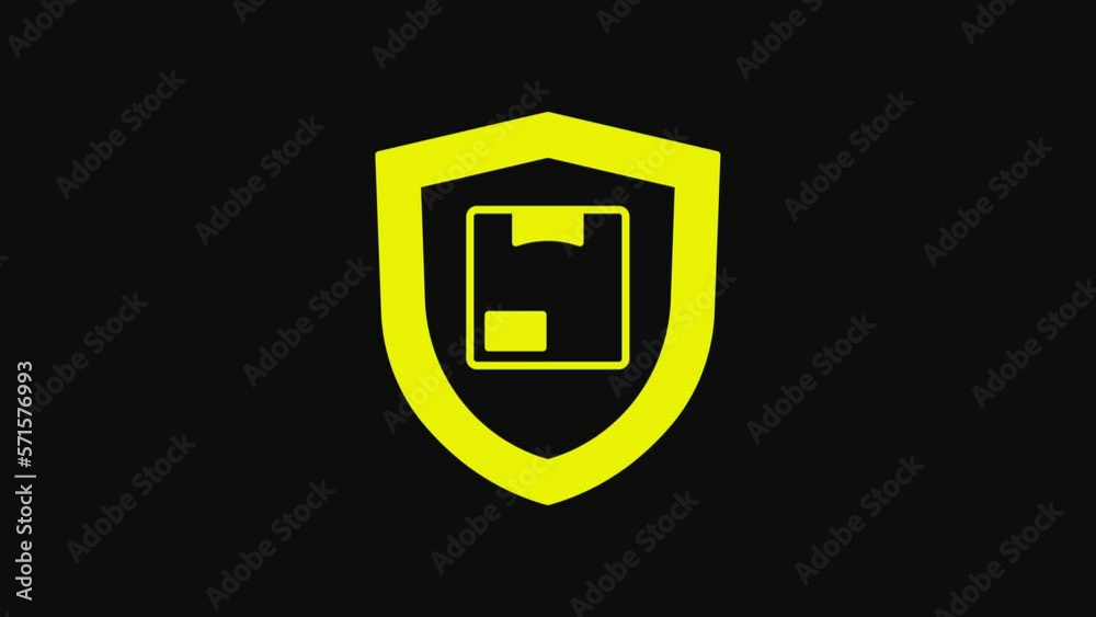 Yellow Delivery security with shield icon isolated on black background. Delivery insurance. Insured cardboard boxes beyond the shield. 4K Video motion graphic animation