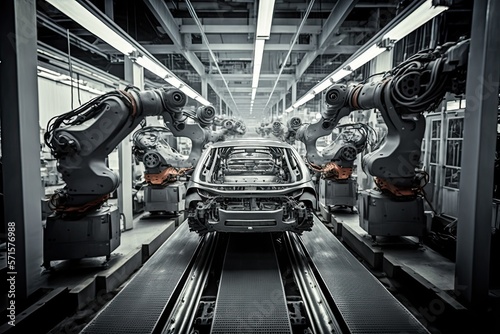 High-tech robot effortlessly assembling a car in a futuristic factory setting. Generative AI