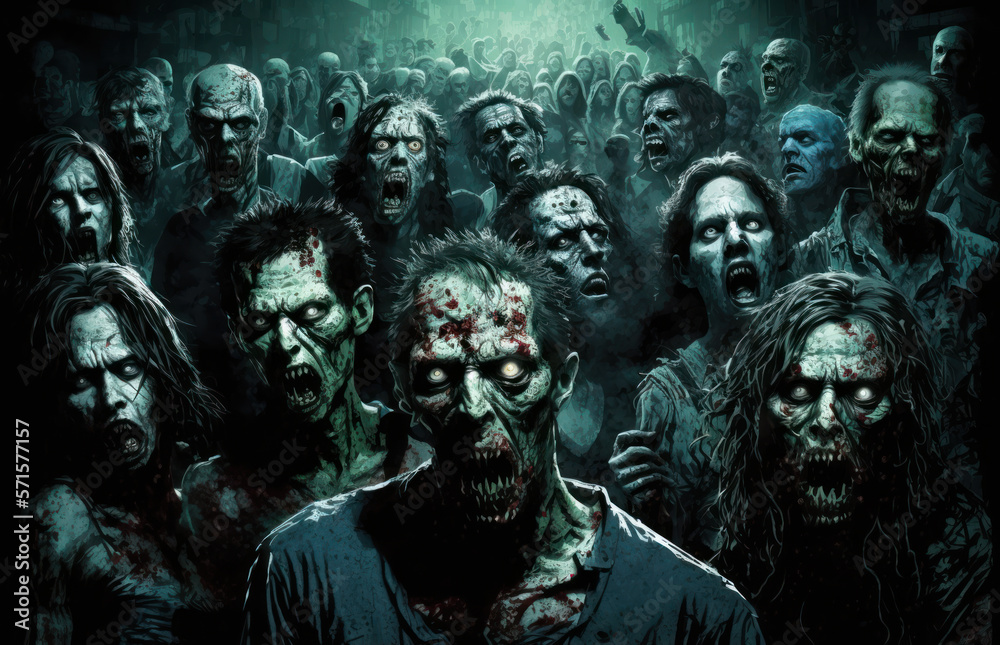 group of dirty scary zombies walking. generative ai group of dirty scary zombies walking. generative ai