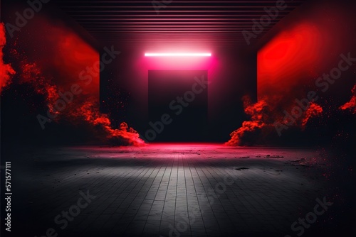 The dark stage shows, red background, an empty dark scene, neon light, and spotlights The asphalt floor and studio room with smoke float up the interior texture for display products