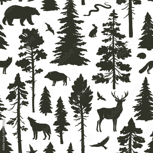 Seamless pattern with coniferous forest and animals. Vector silhouette of firs, pines, deer, hare, fox, wolf, bear and birds isolated on white background. Black silhouette isolated on white