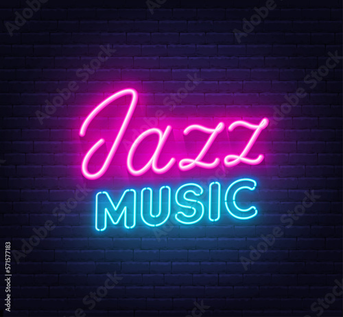 Photography Jazz Music neon sign on brick wall background.