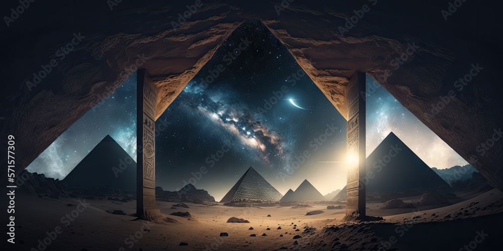 Egyptian pyramids are present in this future desert environment at night. Stars in the night sky, light beams, and galaxy glare. in the pyramid's tunnel. illustration. Generative AI - obrazy, fototapety, plakaty 