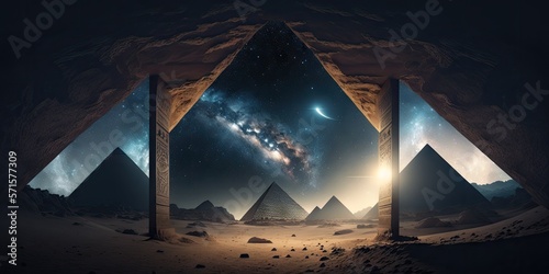 Tableau sur toile Egyptian pyramids are present in this future desert environment at night