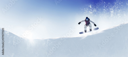 banner with man snowboarding in the snow and copyspace. generative ai