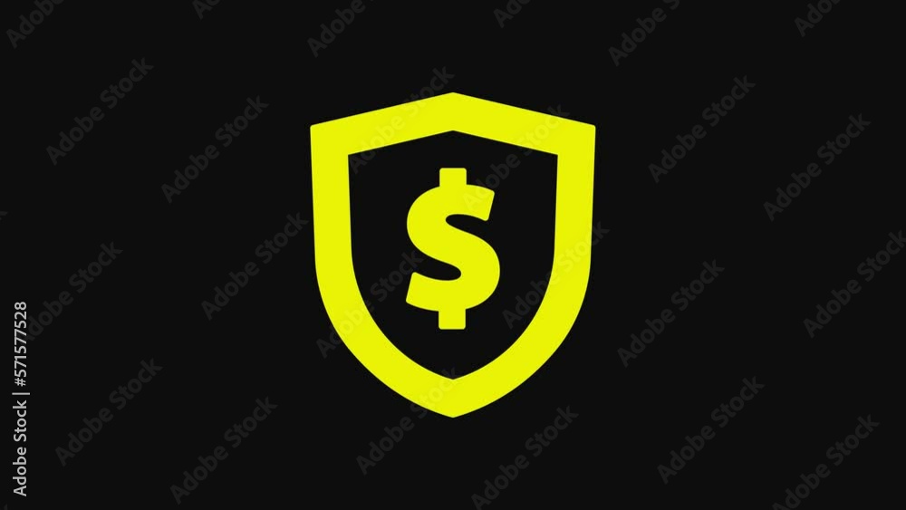 Yellow Shield with dollar symbol icon isolated on black background. Security shield protection. Money security concept. 4K Video motion graphic animation Yellow Shield with dollar symbol icon isolated on black background. Security shield protection. Money security concept. 4K Video motion graphic animation