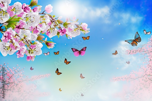 Cherry flowering branches  flying butterflies in the springtime outdoors  with a background of blue sky. Sakura flowers in pink  incredible colorful dreamy romantic artistic image of spring nature  wi