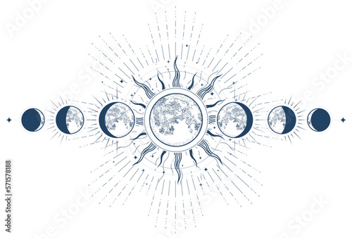 Lunar phases, mystical phase of the moon, astrology and horoscope, oneiromancy, moon eclipse, vector