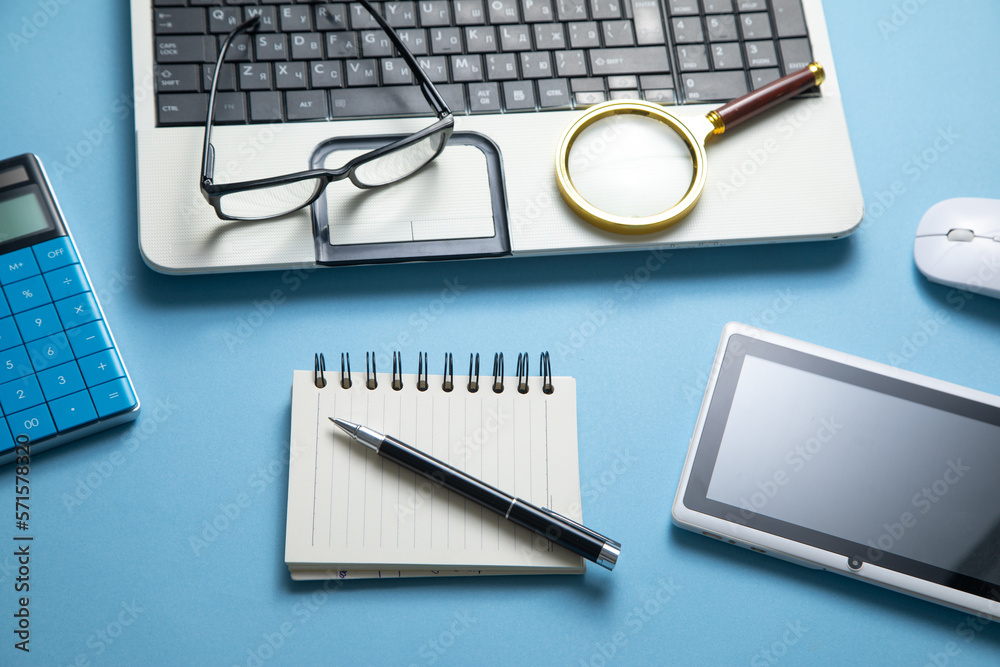 Eyeglasses, laptop computer and other business objects. Eyeglasses, laptop computer and other business objects.