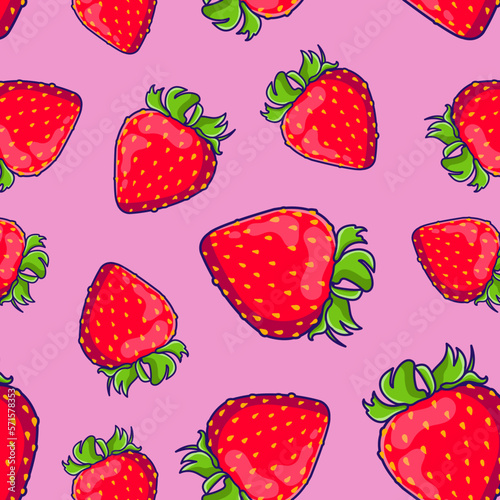 cartoon seamless strawberry pattern with leaves, multicolored doodle pattern. Vector illustration with strawberries