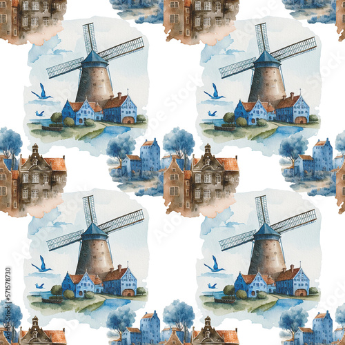 Dutch watercolor seamless pattern. Delft blue motifs. Old fashion hand-drawn rustic pattern with retro city view. Old holland windmill.