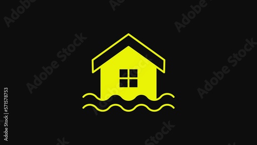 Yellow House flood icon isolated on black background. Home flooding under water. Insurance concept. Security, safety, protection, protect concept. 4K Video motion graphic animation