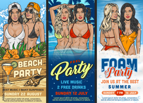 Bikini party colorful posters set