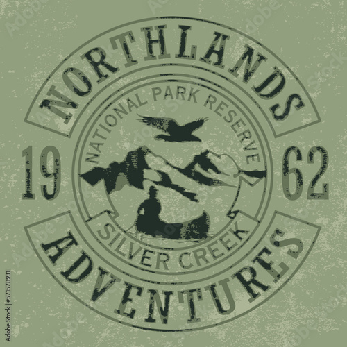 Northland canoe adventure wildlife discovery vector artwork for boy shirt grunge effect in separate layer