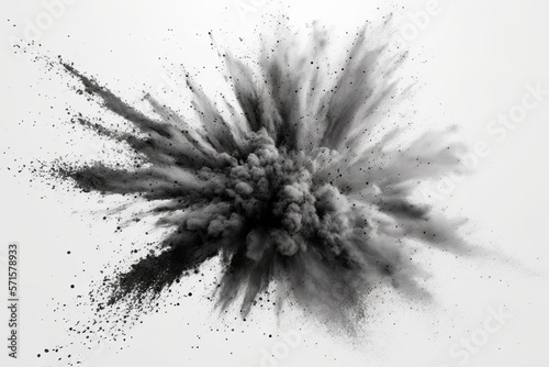 Dark gray creative chaotic powder splash or burst with copy space on a white background. Generative AI