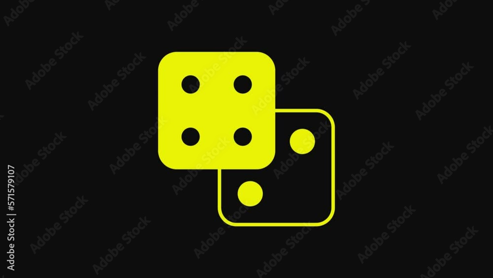 Yellow Game dice icon isolated on black background. Casino gambling. 4K Video motion graphic animation Yellow Game dice icon isolated on black background. Casino gambling. 4K Video motion graphic animation