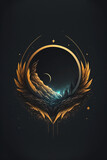 Illustration of a fantasy logo for night elves with moon and wings on black background. Wallpaper, Poster, Coverdesign for books created with Generative AI.