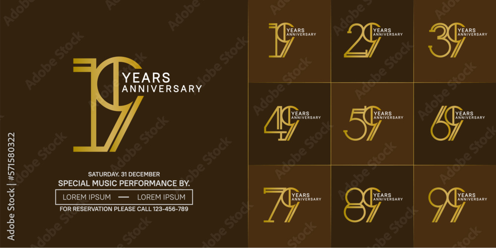 set of anniversary golden and white color with brown color background for special celebration event set of anniversary golden and white color with brown color background for special celebration event