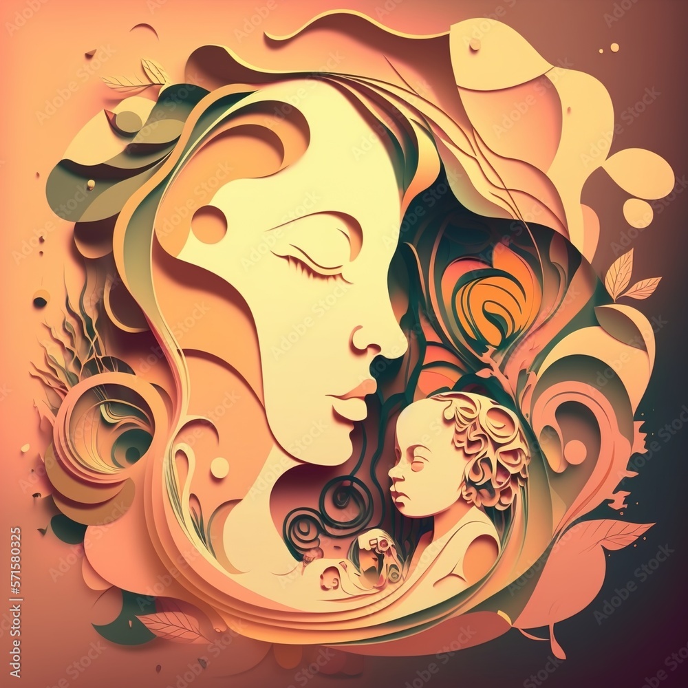 Illustration Of Mother Holding Baby Son In Arms. Happy Mother`s Day Greeting Card.