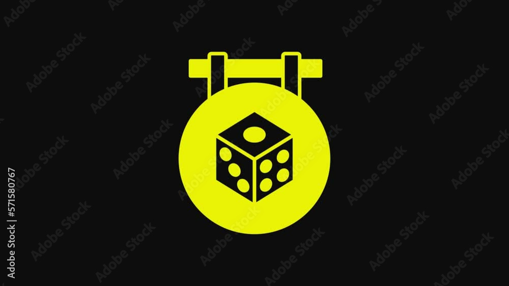 Yellow Game dice icon isolated on black background. Casino gambling. 4K Video motion graphic animation Yellow Game dice icon isolated on black background. Casino gambling. 4K Video motion graphic animation