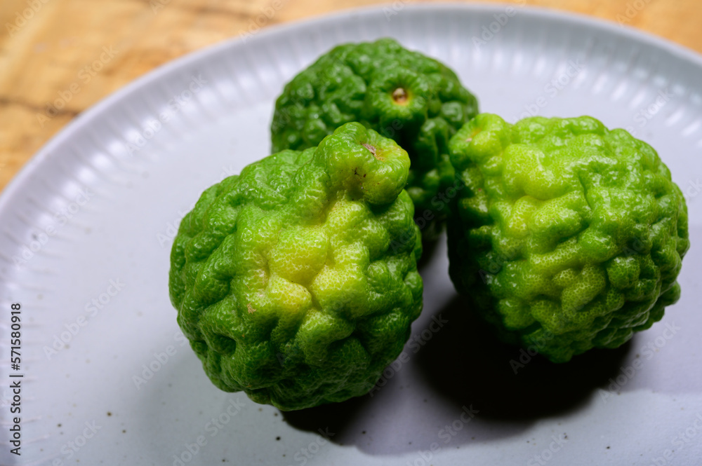 Obraz premium Citrus hystrix, kaffir lime or makrut lime, citrus fruit native to tropical Southeast Asia. Fruit and leaves used in Southeast Asian cuisine, essential oil is used in perfumery 