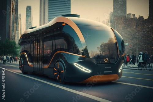 Future of urban autonomus mobility, tram, AV, Public transportation around futuristic city, neon lights, ai technology, smart grid in smart city