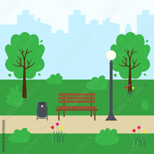 Urban summer park with green trees, benches, walkway, street light and trash can. Vector illustration