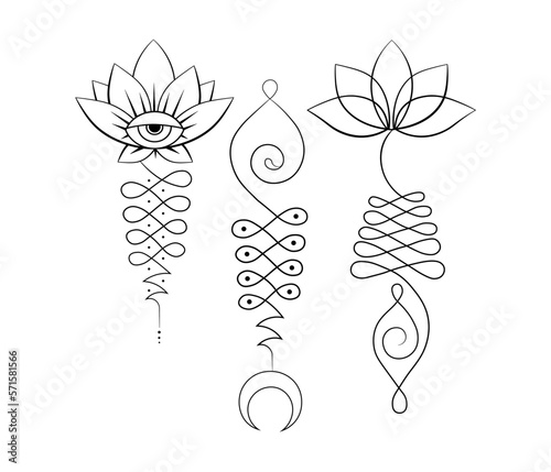 Line art set of lotus and sacred geometry. Unalome symbol. Yoga, Buddhism, spiritual symbols.