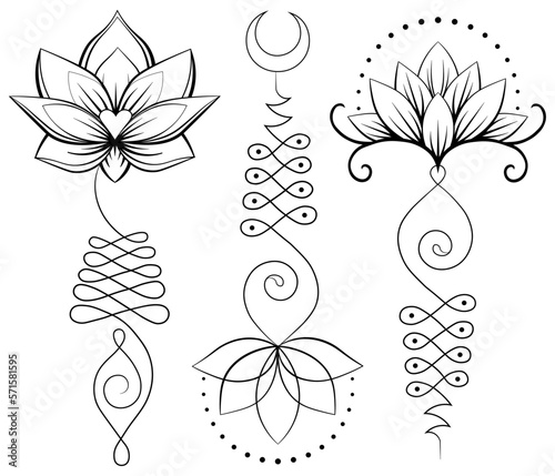Line art set of lotus and sacred geometry. Unalome symbol. Yoga, Buddhism, spiritual symbols.